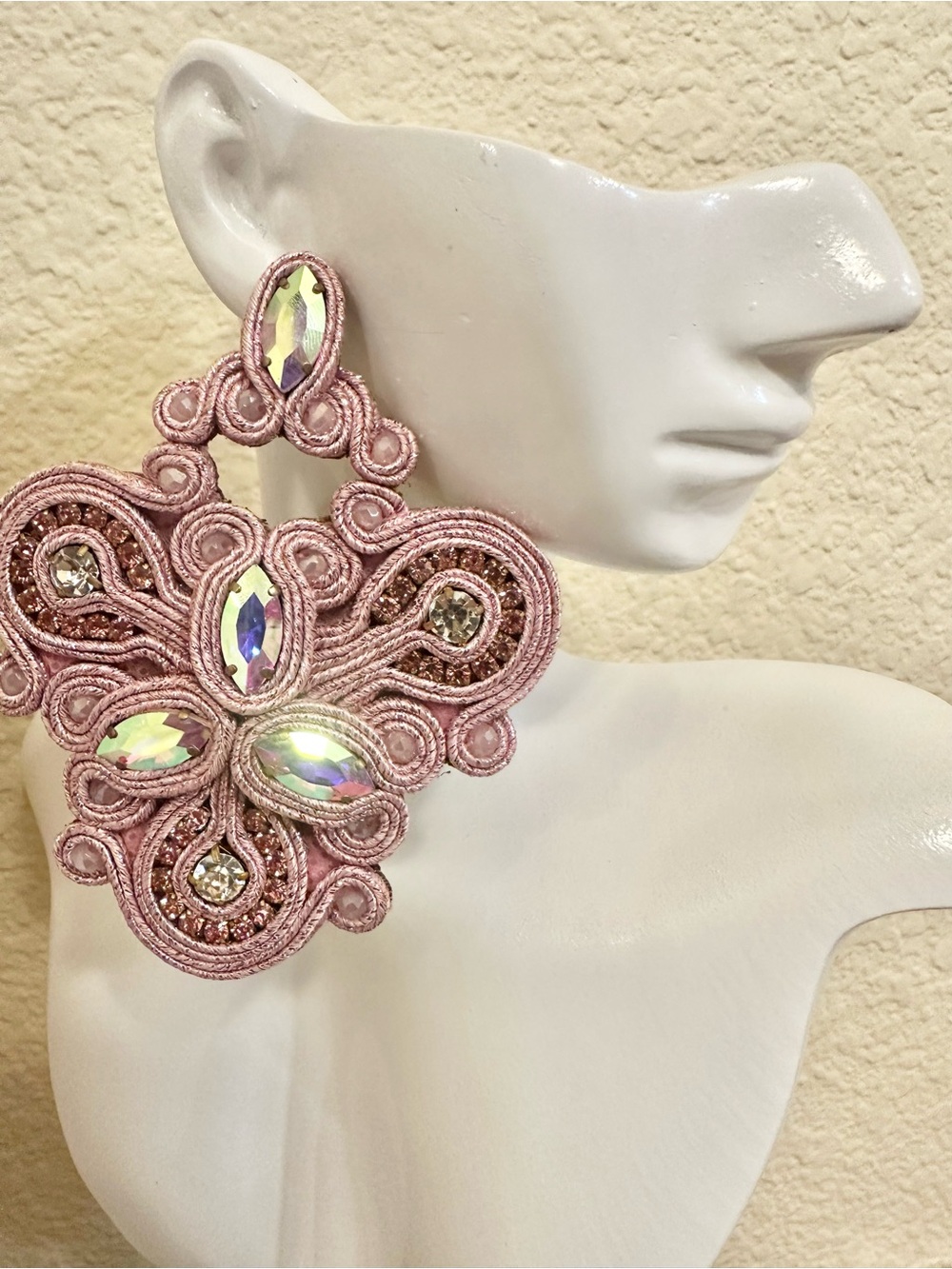 Elegant Handmade Mauve Pink Crystal Soutache Statement Earrings